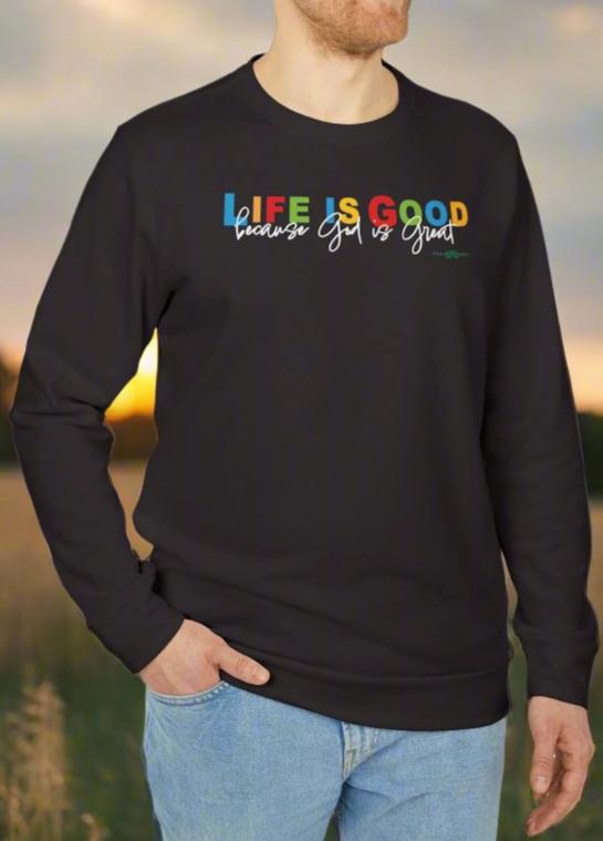 adidas Unisex Fleece Crewneck Sweatshirt with Life is Good because God is Great by Frog Geeks