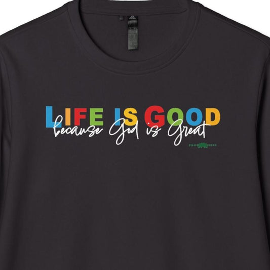 adidas Unisex Fleece Crewneck Sweatshirt with Life is Good because God is Great by Frog Geeks