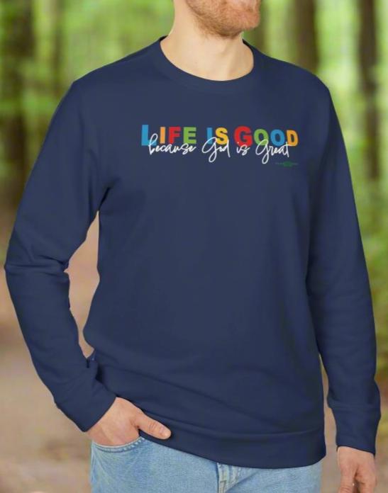 adidas Unisex Fleece Crewneck Sweatshirt with Life is Good because God is Great by Frog Geeks