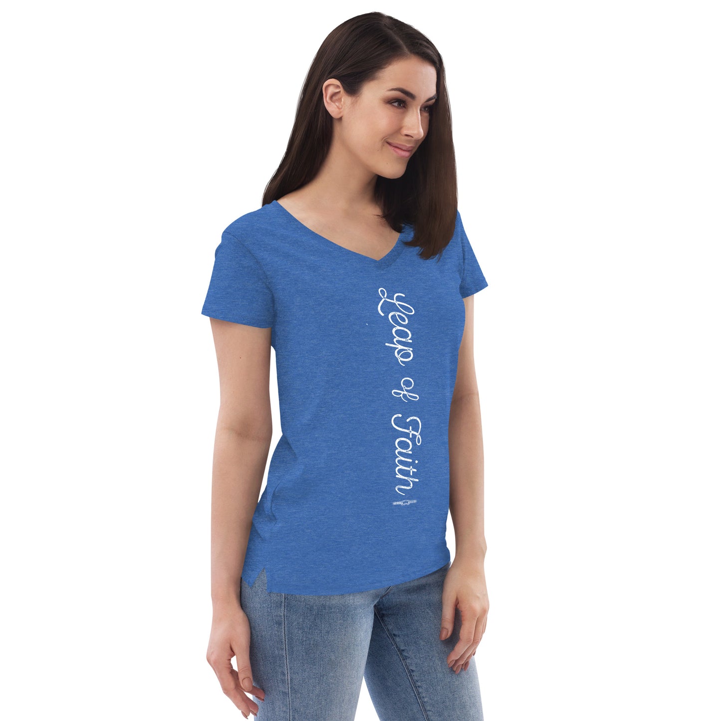 Women’s recycled v-neck t-shirt Leap of Faith by Frog Geeks