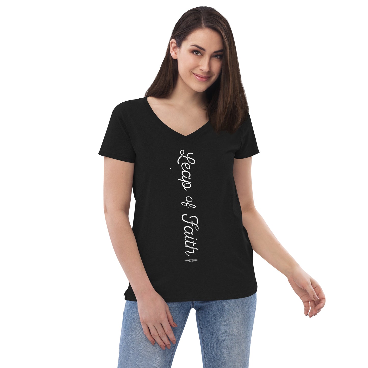 Women’s recycled v-neck t-shirt Leap of Faith by Frog Geeks