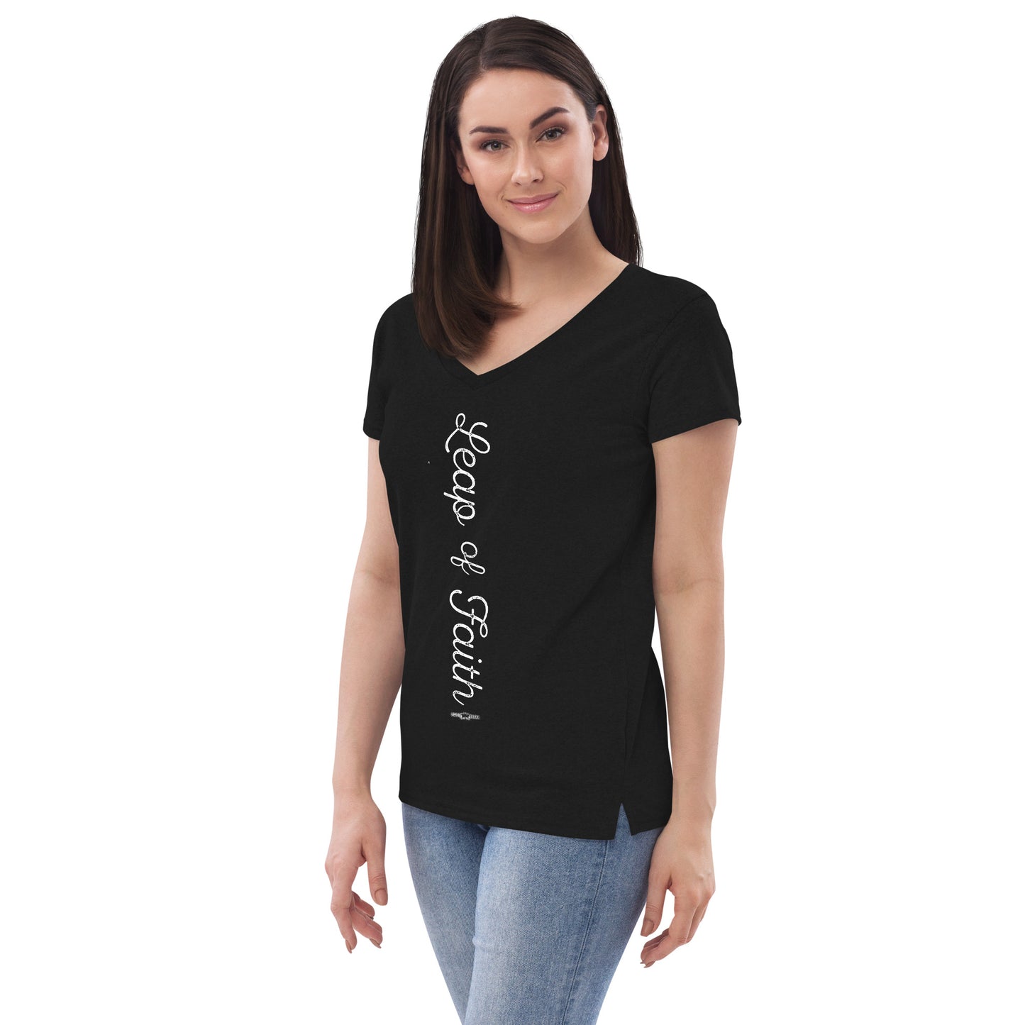 Women’s recycled v-neck t-shirt Leap of Faith by Frog Geeks