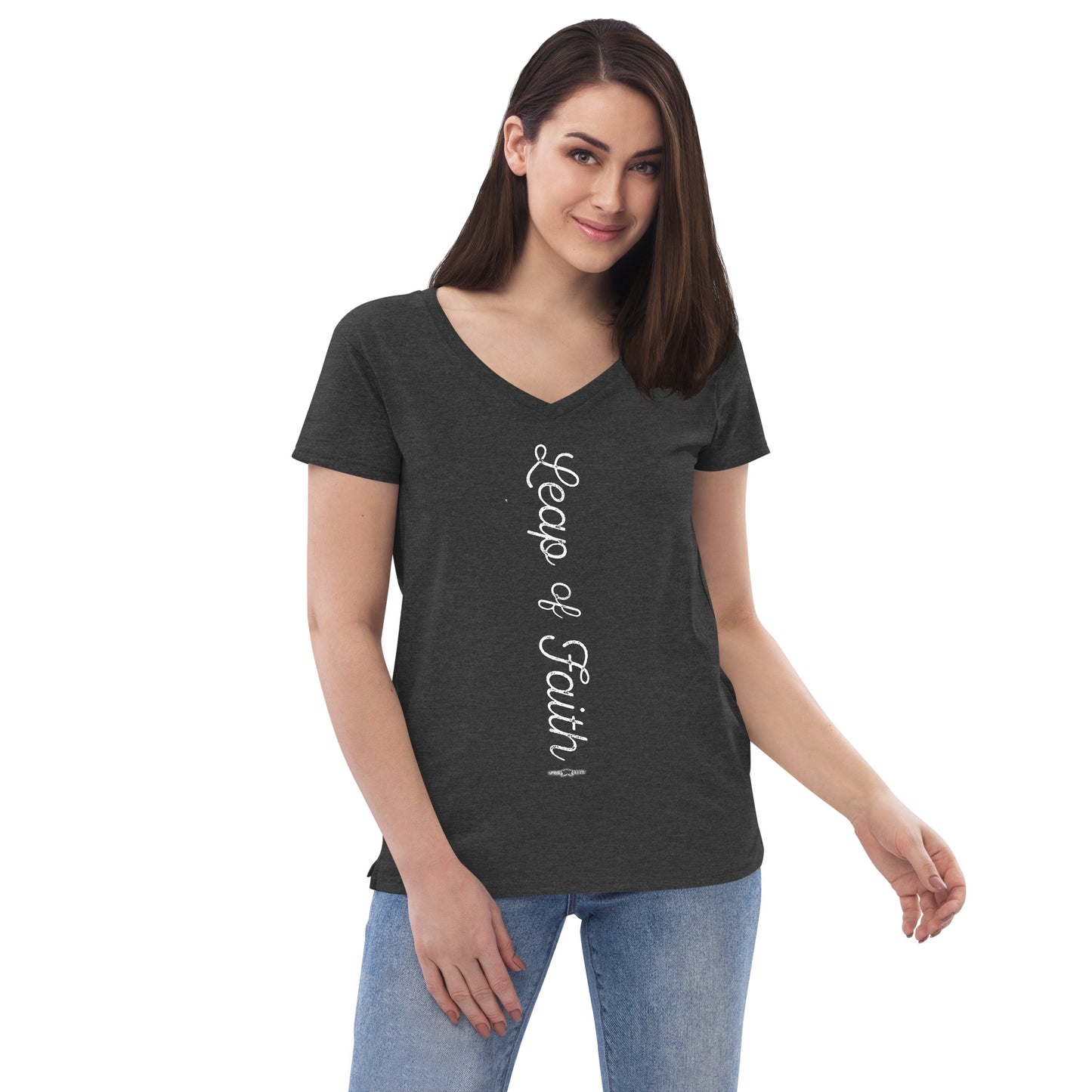 Women’s recycled v-neck t-shirt Leap of Faith by Frog Geeks
