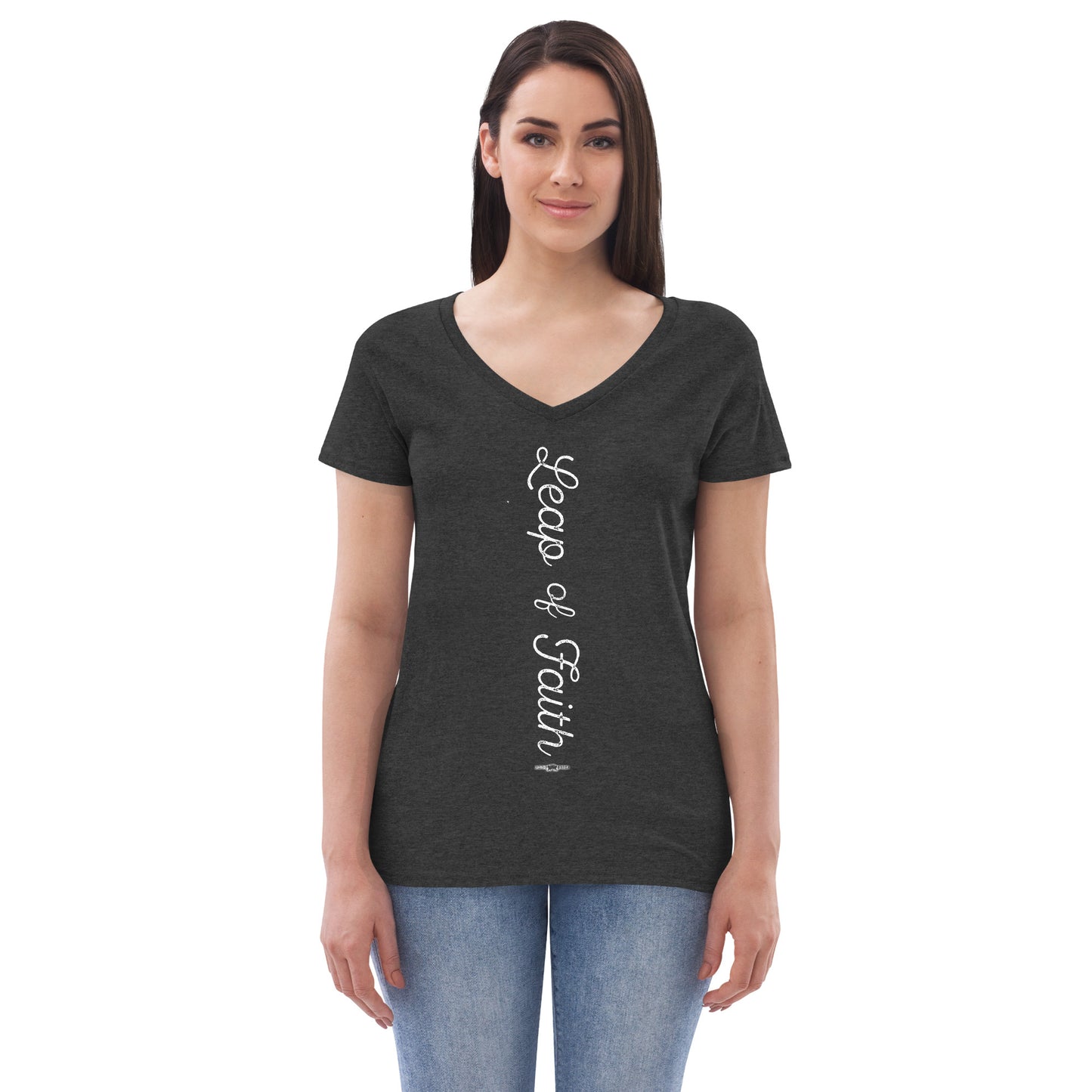 Women’s recycled v-neck t-shirt Leap of Faith by Frog Geeks