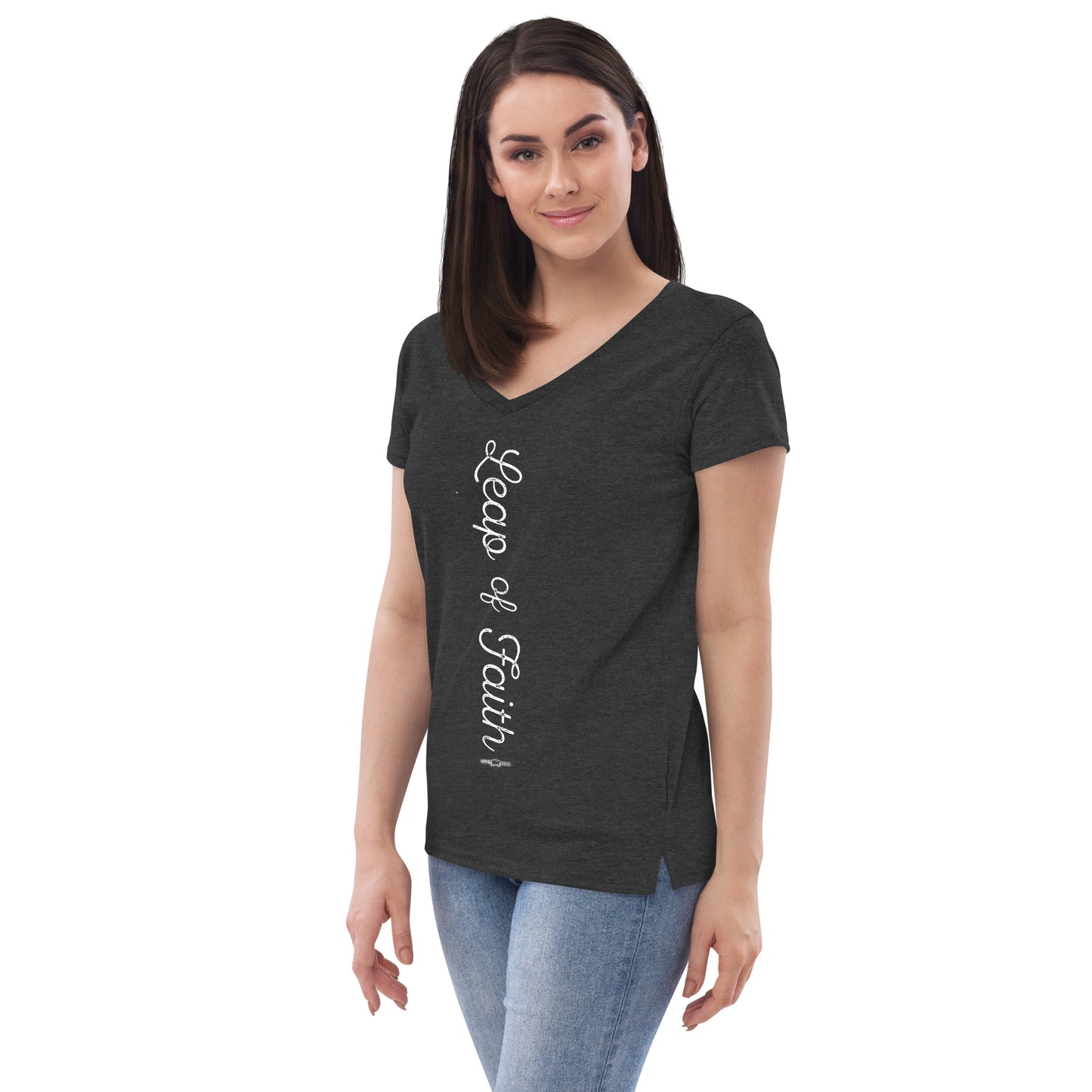 Women’s recycled v-neck t-shirt Leap of Faith by Frog Geeks