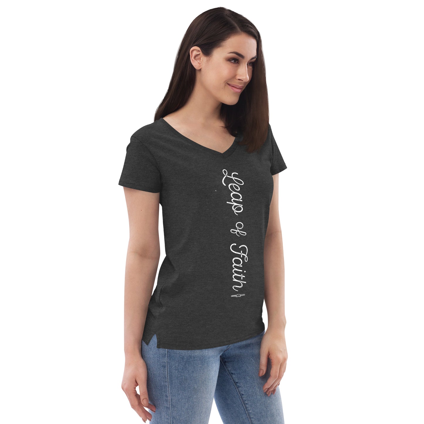 Women’s recycled v-neck t-shirt Leap of Faith by Frog Geeks