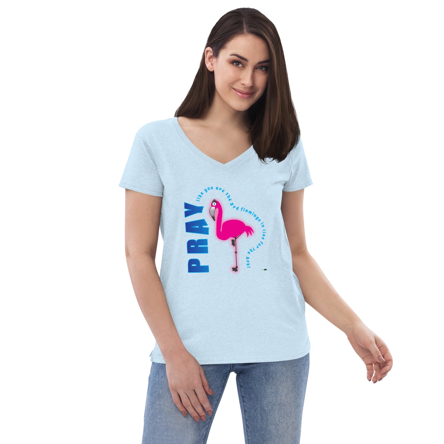 Women’s recycled v-neck t-shirt - Flamingo by Frog Geeks