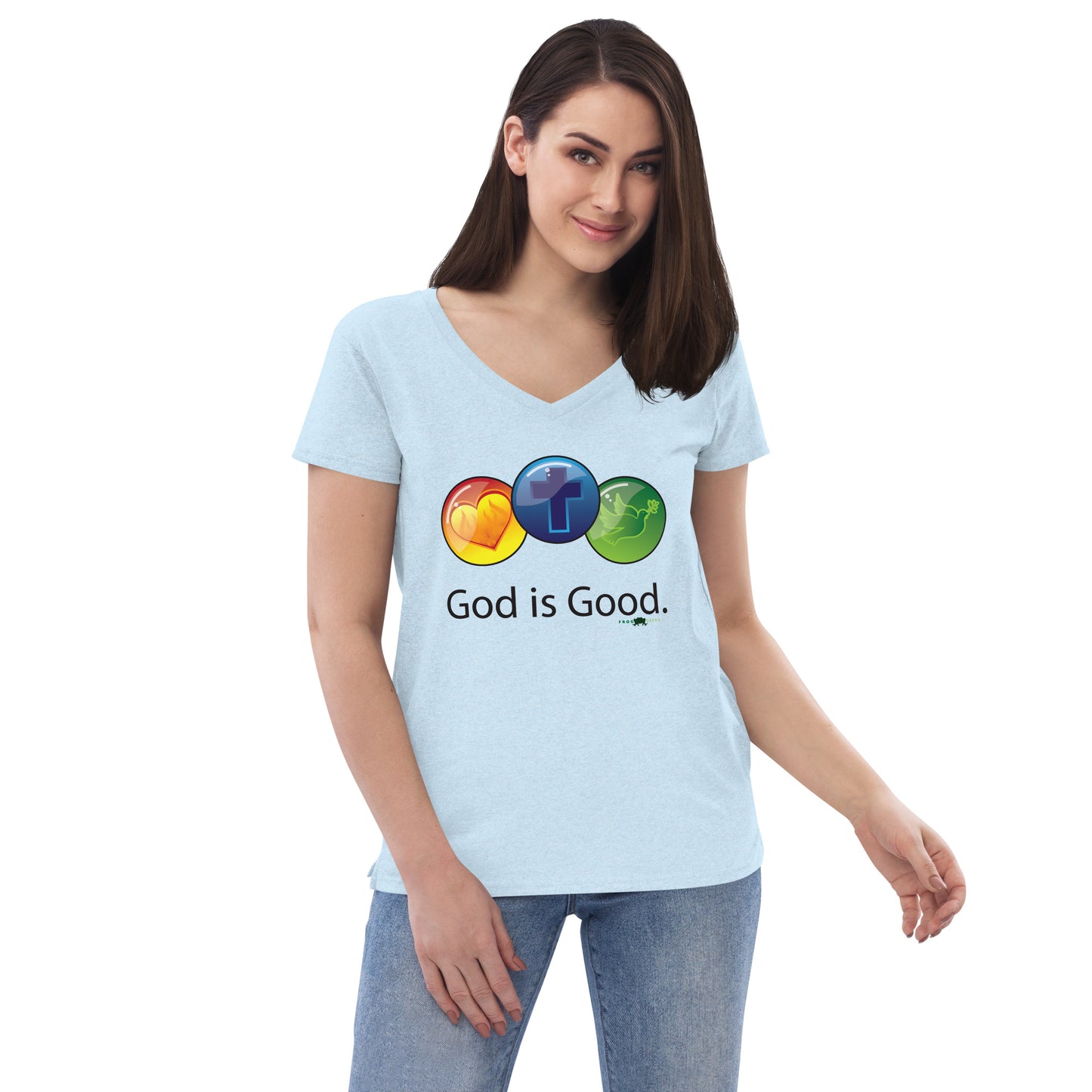 Women’s recycled v-neck t-shirt - God is Good by Frog Geeks