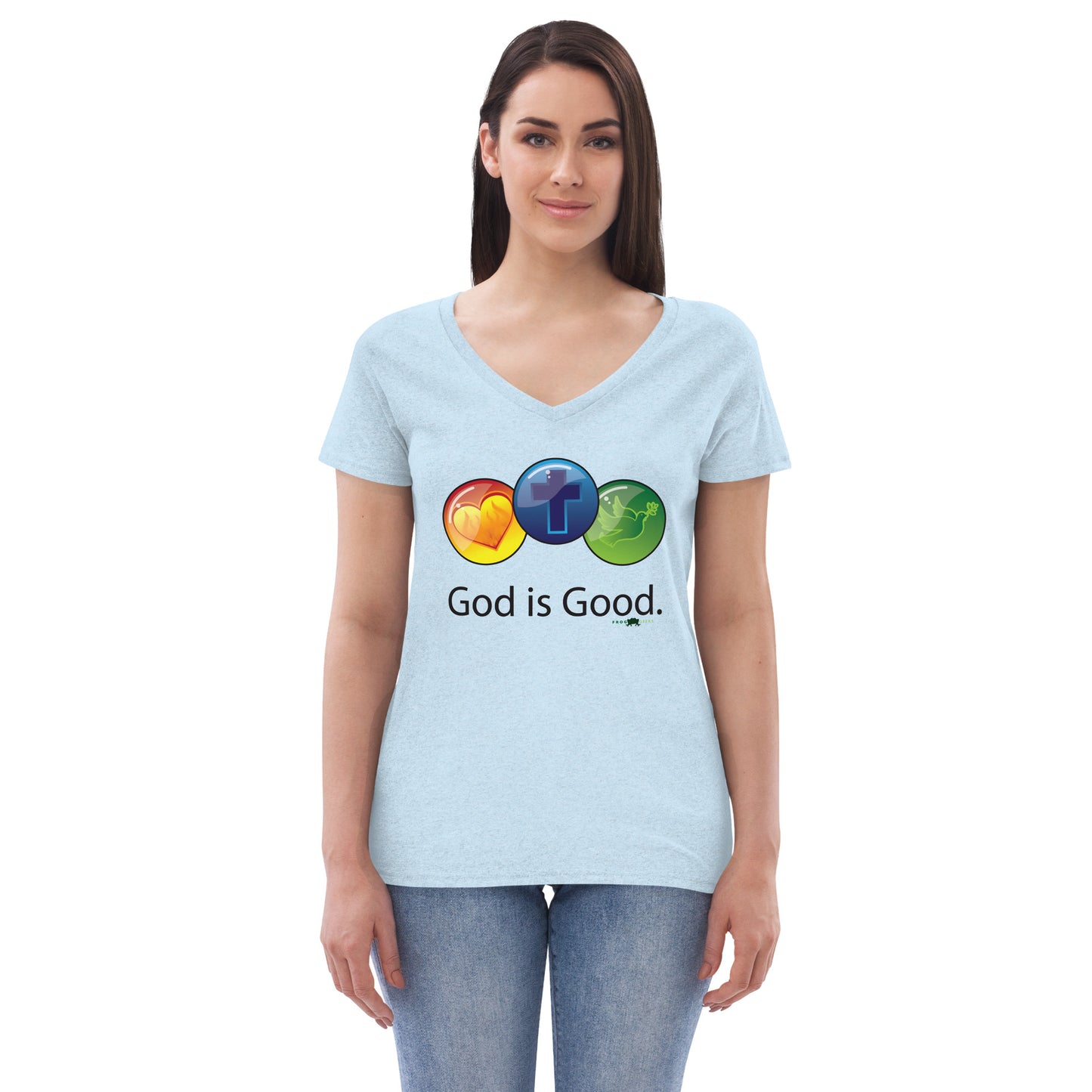 Women’s recycled v-neck t-shirt - God is Good by Frog Geeks