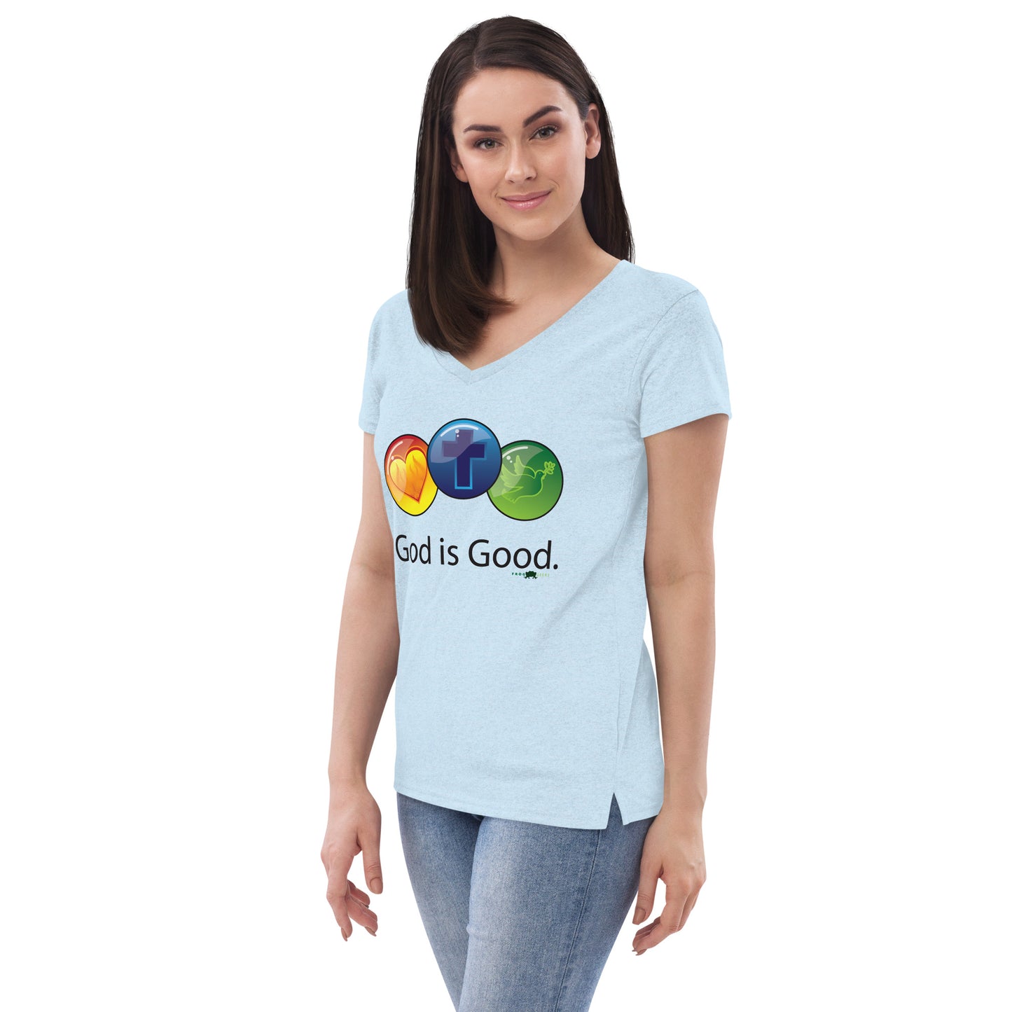 Women’s recycled v-neck t-shirt - God is Good by Frog Geeks