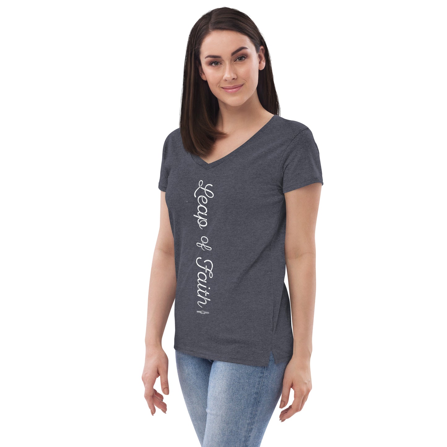 Women’s recycled v-neck t-shirt Leap of Faith by Frog Geeks