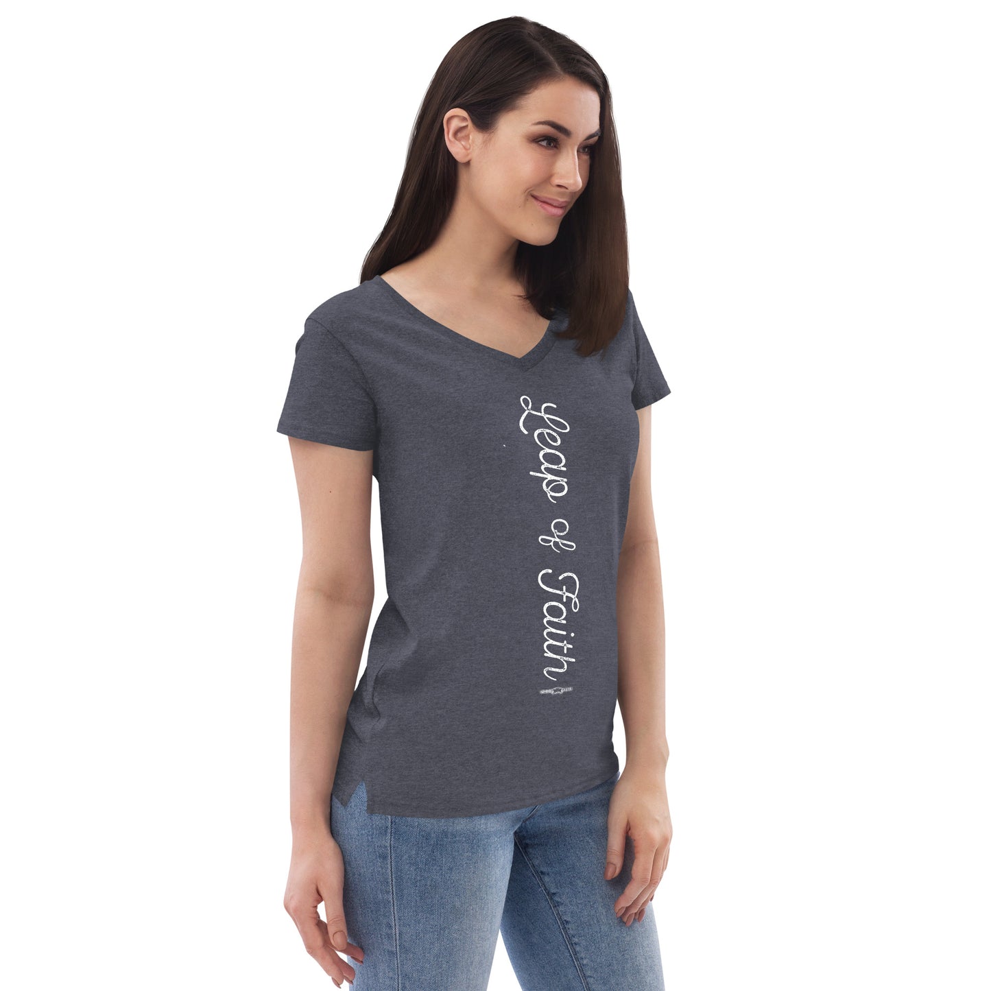 Women’s recycled v-neck t-shirt Leap of Faith by Frog Geeks